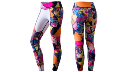 Leggings feature colorful abstract pattern, white panel, and transparent background.