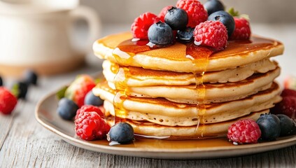 Stacked pancakes drizzled with syrup, topped with fresh berries