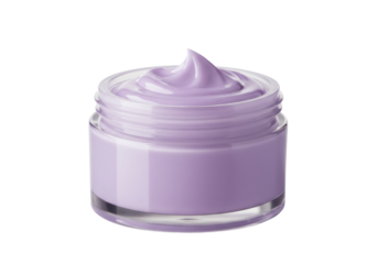 Creamy lavender moisturizer in a glass jar, with a smooth texture and soft lighting