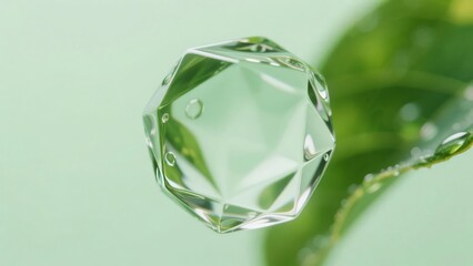 A clear, multifaceted crystal sphere suspended against a soft green background with leaf elements.