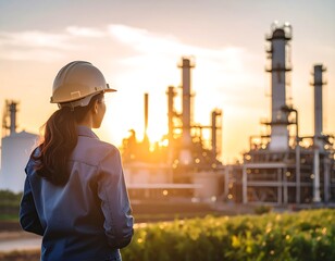 Engineer observing refinery at sunset