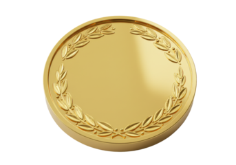 Shiny gold medal with laurel wreath design, symbolizing victory and achievement