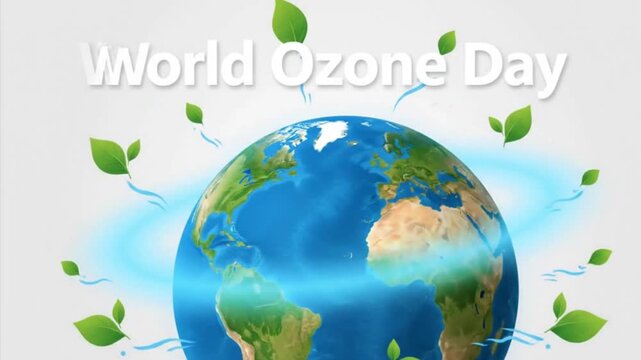 Globe illustration with World Ozone Day text surrounded by green leaves and blue aura