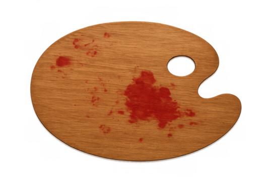 Wooden artist palette with red paint splatters on transparent background