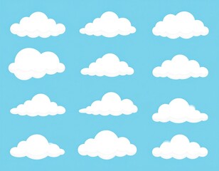 Cartoon clouds against a light blue sky.  A collection of various simple, stylized cloud shapes, arranged in a grid pattern