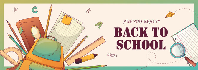 Vector web banner with illustration of school backpack, books, pencils and stationery elements. Back to school concept with modern hand-drawn style. Banner template design for educational platforms.