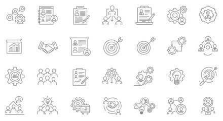 Outline vector illustration featuring a collection of business concept icons