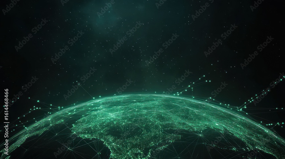 Poster digital globe with glowing green continents at the bottom of the image space technology futuristic.