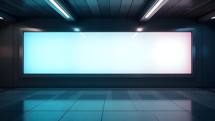 Fototapeta premium Commercial Display Mockup: Blank Billboard in Modern Train Station with Colorful Ambience Light