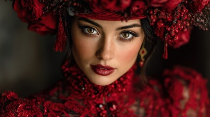 Fototapeta premium Close-up portrait of a woman in a rich, red floral headpiece and gown