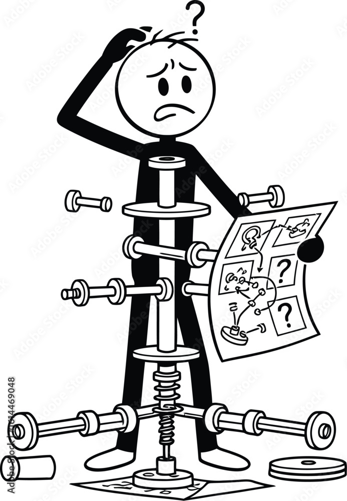 Aufkleber stick figure confused by assembly instructions and diagram, problem solving concept art design