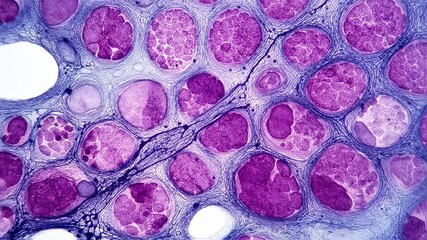 Histological slide with frothy alveolar spaces contrasted by delicate purple overlay representing Pneumocystis jirovecii infection.