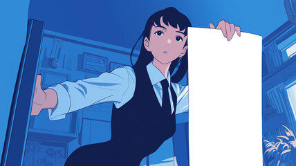 スーツを着た黒髪の女性キャラクターが白背景で無地のボードを持って微笑む日本アニメ風イラスト、ビジネスや告知用途に使える明快な構図と余白デザイン