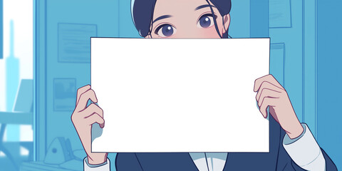 スーツを着た黒髪の女性キャラクターが白背景で無地のボードを持って微笑む日本アニメ風イラスト、ビジネスや告知用途に使える明快な構図と余白デザイン