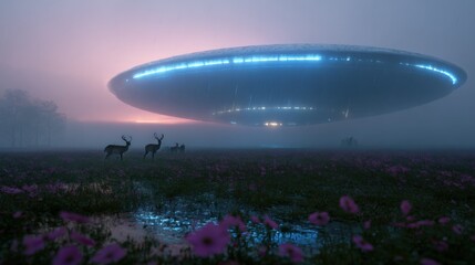 Mysterious U F O Hovering Over Vibrant Field of Colorful Wildflowers Under Clear Blue Sky Creating an Otherworldly and Enigmatic Atmosphere in Nature