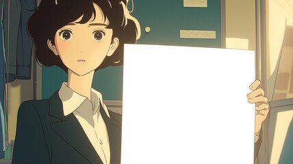 スーツを着た黒髪の女性キャラクターが白背景で無地のボードを持って微笑む日本アニメ風イラスト、ビジネスや告知用途に使える明快な構図と余白デザイン