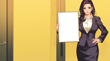 スーツを着た黒髪の女性キャラクターが白背景で無地のボードを持って微笑む日本アニメ風イラスト、ビジネスや告知用途に使える明快な構図と余白デザイン