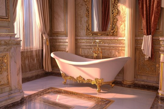 Sunlit opulent bathroom featuring a freestanding clawfoot tub, ornate gold accents, marble floors and walls, and rich fabrics at the window
