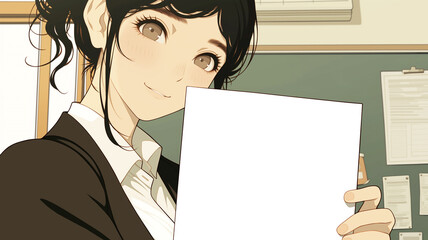 アニメ風イラストで黒髪の女性がスーツ姿で白い空白のプレートを両手で持って立っているビジネスシーン風構図、広告やメッセージスペースに最適な構成素材
