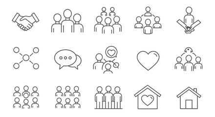 Fototapeta premium Collection of vector line icons depicting social connections, communication, and community