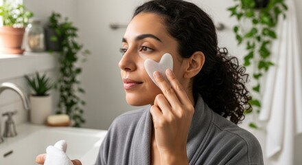 A woman in a gray robe applying a gua sha stone to her face in a bathroom with green plants and white walls.