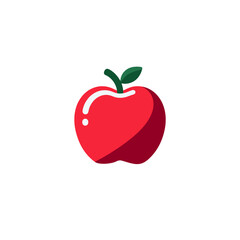A vibrant, stylized illustration showcases a single red apple with a green stem and leaf, centered on white.