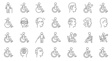 Diverse line icons depicting people with disabilities and medical conditions