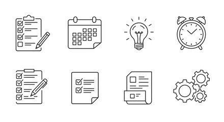 Fototapeta premium Essential business icons depicting planning scheduling ideas and process execution