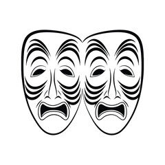 The tragic theatre masks are isolated on white background, symbolizing the essence of drama, and the spectrum of human emotions