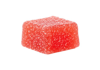 Close-up of a vibrant red gummy candy on a white background, showcasing its texture and sugar coating