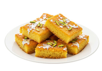 A delicious plate of golden dessert squares topped with nuts, perfect for celebrations