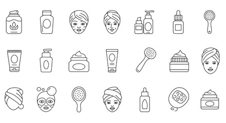 Collection of thin line icons representing beauty and personal care products and routines