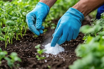 Fototapeta premium Close-up of hands in blue gloves applying fertilizer to soil around young plants