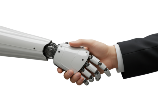 Human and robotic hands engaging in a handshake, symbolizing collaboration and technology