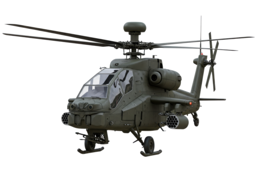 Military helicopter flying over a landscape with clouds, showcasing aerial capabilities