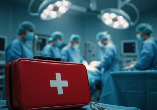 A red first aid kit is in the foreground of an operating room with a surgical team