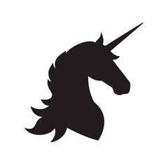 A unicorn head silhouette is a symbol of magic and fantasy, isolated on white background © Roushon