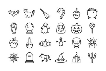 Halloween Vector Icon Set. Bat, Cat, Witch, Pumpkin, Ghost, Skull, Candy, Coffin, Spider, Scarecrow, Witch Hat, Trick or Treat, and More. Editable stroke. Vector illustration.