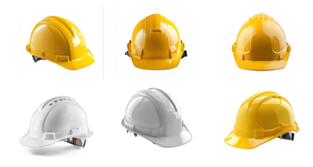 Six yellow hard hats with different angles and positions on a transparent background