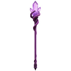 Purple crystal magic staff 3d rendered, isolated on transparent background