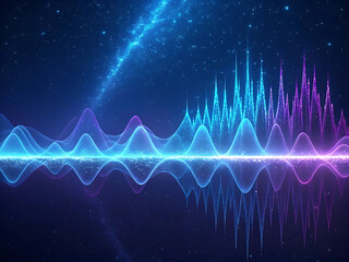 Stunning abstract audio wave visualization in vibrant blue and purple on a cosmic stellar background