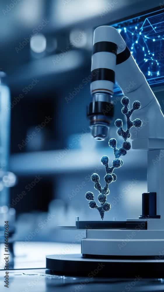 Poster advanced laboratory equipment with robotic arm and molecule display. detailed view of scientific ins