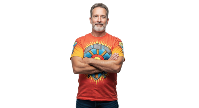 Confident man in a colorful graphic t-shirt posing with arms crossed against a plain background