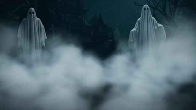 Ethereal ghosts floating through misty forest