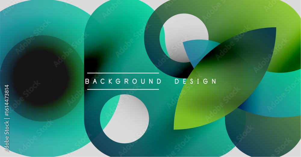 Poster abstract fluid shapes overlap, creating vibrant green, blue gradients. text reads background design 