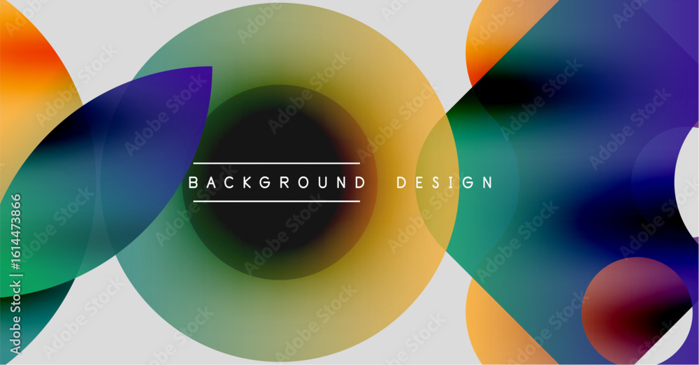 Poster abstract colorful shapes overlap, creating dynamic visual effect. gradient hues blend smoothly, form