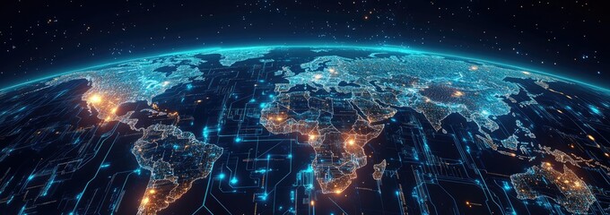 Global network map of the Earth.  Detailed world map overlaid with glowing, digital circuitry