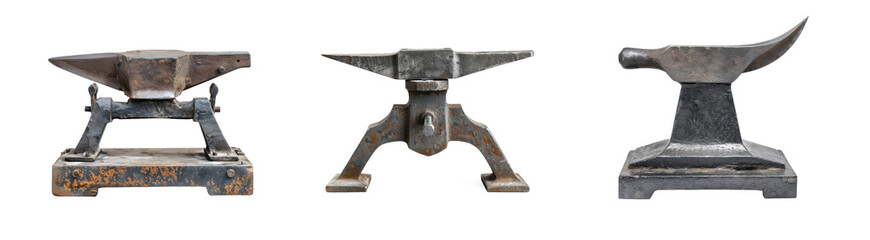 Three antique blacksmith anvil stands on a transparent background