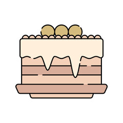 Cream Cake Flat design style, tall cake with dripping icing and balls, suitable for dessert themed content, food blogs, or celebration cards.