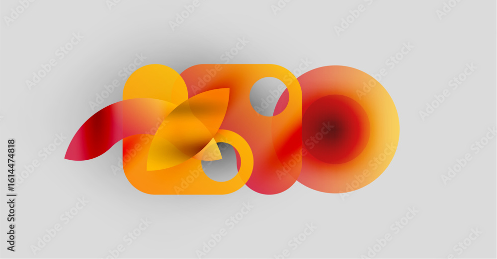 Poster abstract design features overlapping orange, red shapes forming 3d text. gradient colors create dept